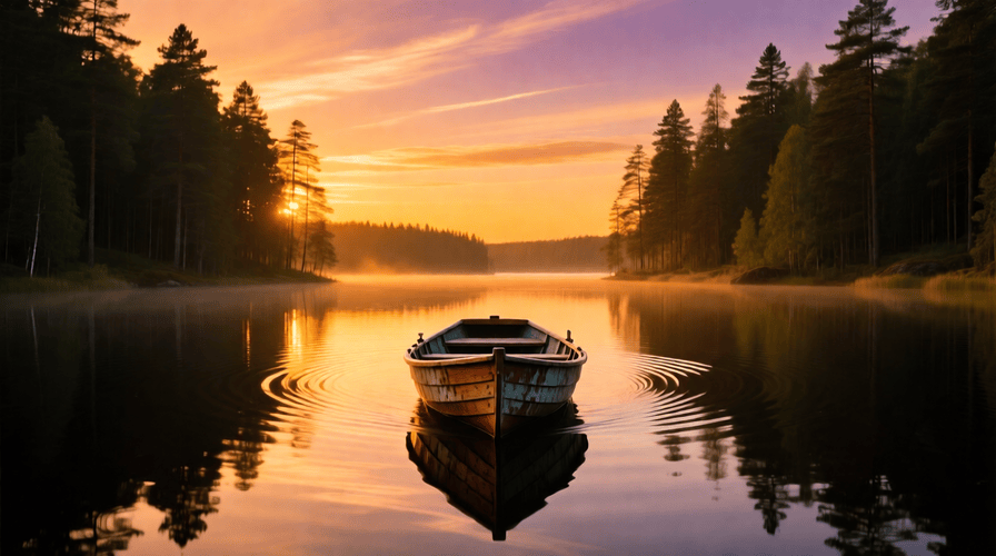 Veneajelu: Finland’s Scenic and Cultural Boat Ride Tradition Traditional Finnish veneajelu boat ride on a calm lake surrounded by forest during summer