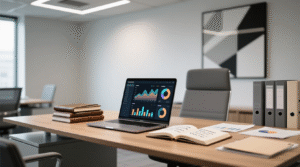 Business research workspace showing charts and documents representing archived market insights