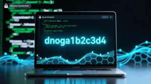 Graphic showing a digital alphanumeric code dnoga1b2c3d4 on a tech interface background